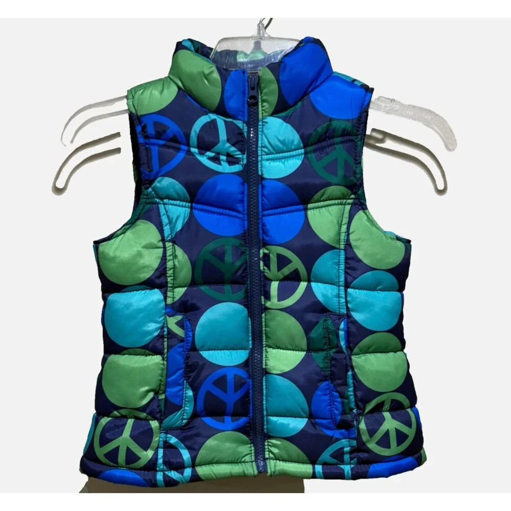 Old Navy Girls Puffer Vest XS Blue Green Peace Sign Bubble Y2K Retro Zip Coat
